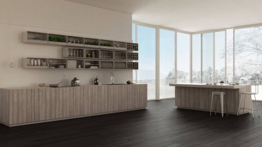 Ayrıntılarla ahşap ve beyaz minima İskandinav beyaz mutfak