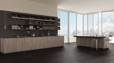 İskandinav beyaz mutfak ahşap ve gri detayları, en az