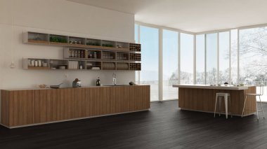 Ayrıntılarla ahşap ve beyaz minima İskandinav beyaz mutfak