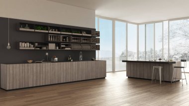 İskandinav beyaz mutfak ahşap ve gri detayları, en az