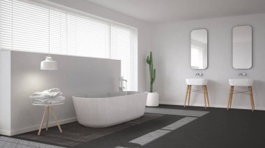 İskandinav banyosu, beyaz minimalist iç tasarım.