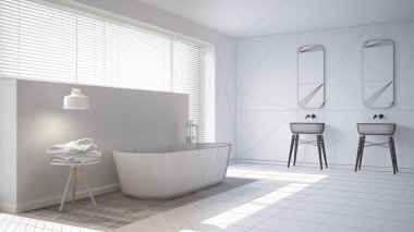 İskandinav banyo, beyaz minimalist iç tasarım, abstr