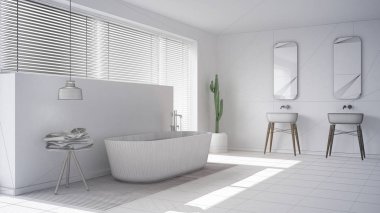 İskandinav banyo, beyaz minimalist iç tasarım, abstr