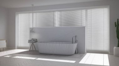 İskandinav banyo, beyaz minimalist iç tasarım, abstr