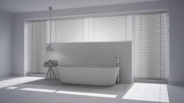 İskandinav banyo, beyaz minimalist iç tasarım, abstr