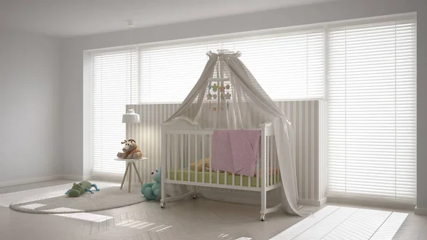 Scandinavian white child bedroom with canopy crib, minimal inter