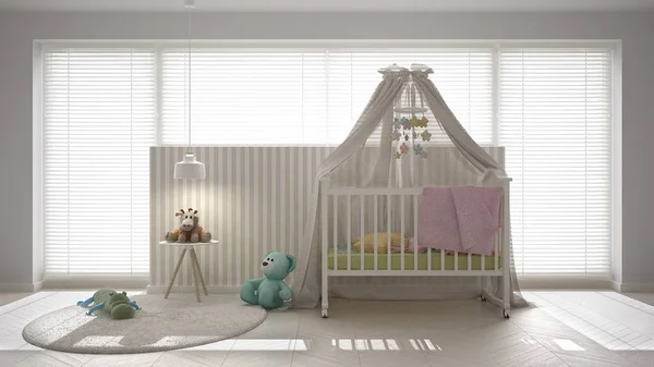 Scandinavian white child bedroom with canopy crib, minimal inter