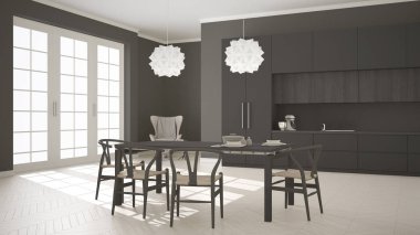 İskandinav klasik beyaz mutfak ahşap ve gri detayları ile,