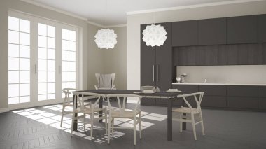 İskandinav klasik beyaz mutfak ahşap ve gri detayları ile,