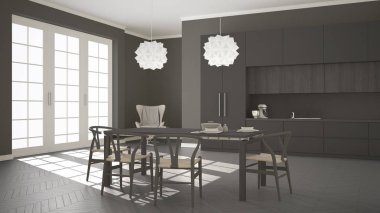 İskandinav klasik beyaz mutfak ahşap ve gri detayları ile,