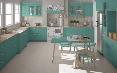 Ahşap ve turkuaz detaylarla İskandinav klasik mutfağı, 