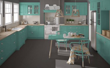 Ahşap ve turkuaz detaylarla İskandinav klasik mutfağı, 