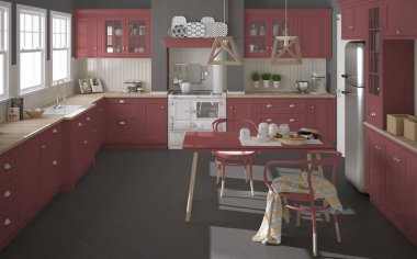 Ahşap ve kırmızı detaylarla İskandinav klasik mutfağı, minima