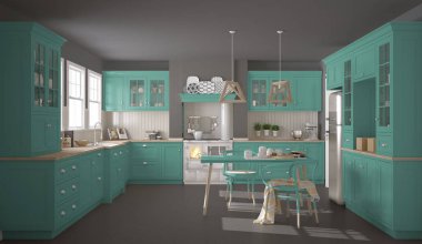 Ahşap ve turkuaz detaylarla İskandinav klasik mutfağı, 