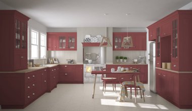 Ahşap ve kırmızı detaylarla İskandinav klasik mutfağı, minima