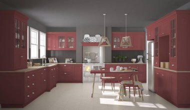 Ahşap ve kırmızı detaylarla İskandinav klasik mutfağı, minima