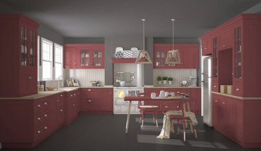 Ahşap ve kırmızı detaylarla İskandinav klasik mutfağı, minima
