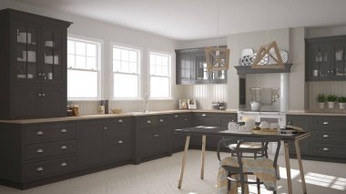 İskandinav klasik gri mutfak ahşap detayları, minimalis ile