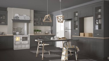 İskandinav klasik gri mutfak ahşap detayları, minimalis ile