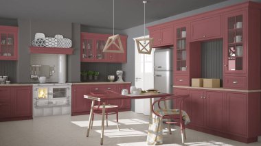 Ahşap ve kırmızı detaylarla İskandinav klasik mutfağı, minima