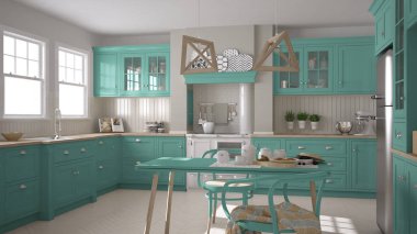 Ahşap ve turkuaz detaylarla İskandinav klasik mutfağı, 