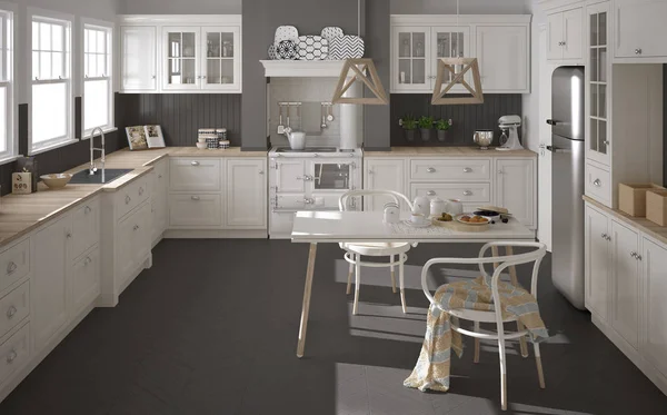 Cozinha branca clássica escandinava com detalhes de madeira, minimali — Fotografia de Stock