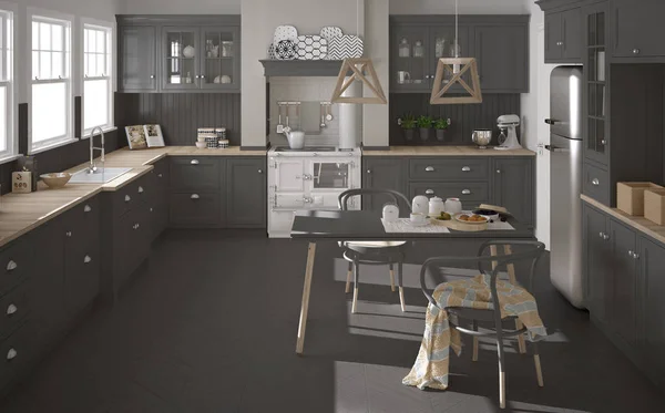 Skandinavischen klassischen grauen Küche mit Holzdetails, minimalis — Stockfoto