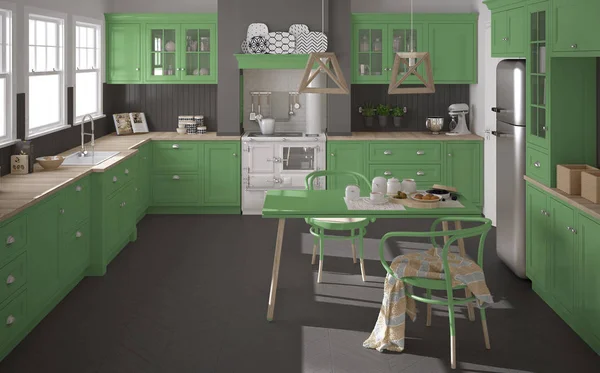 Scandinavische klassieke keuken met houten en groene details, mini — Stockfoto