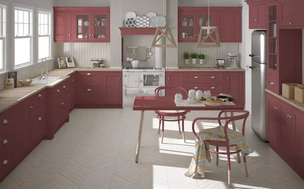 Ahşap ve kırmızı detaylarla İskandinav klasik mutfağı, minima — Stok fotoğraf