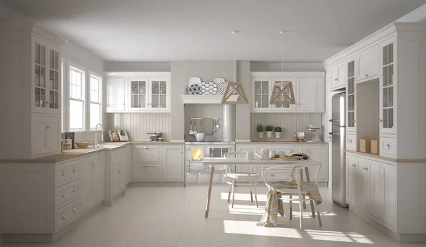 Классическая белая кухня с деревянными деталями, минимали — стоковое фото