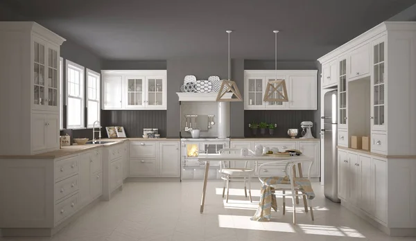 Классическая белая кухня с деревянными деталями, минимали — стоковое фото