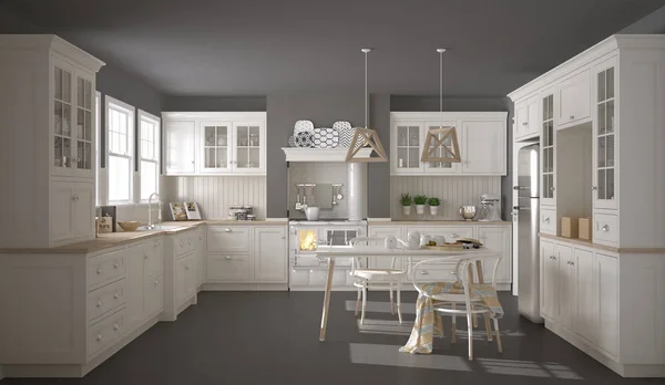 Scandinavische klassieke witte keuken met houten details, minimali — Stockfoto