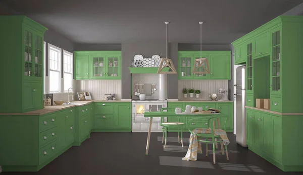 Классическая кухня с деревянными и зелеными деталями, мини — стоковое фото