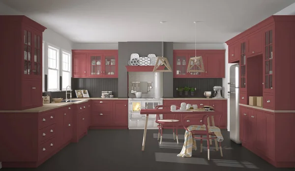 Skandinavische klassische Küche mit Holz- und roten Details, minima — Stockfoto