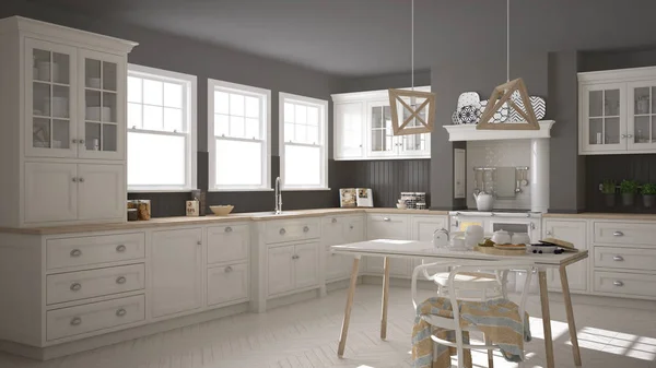 Scandinavian klassinen valkoinen keittiö, jossa puiset yksityiskohdat, minimali — kuvapankkivalokuva