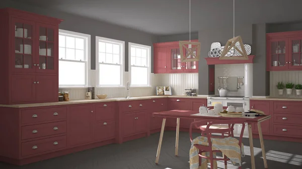 Классическая кухня с деревянными и красными деталями, минимализм — стоковое фото