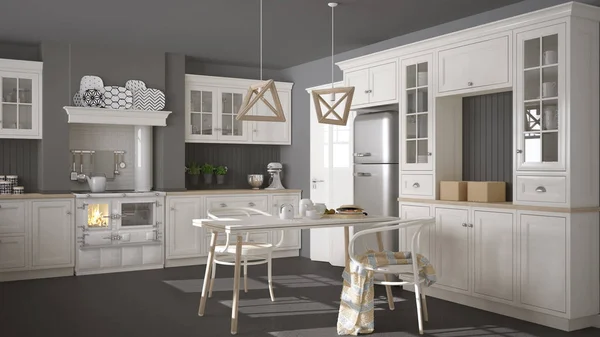 Skandinavische klassische weiße Küche mit Holzdetails, minimalistisch — Stockfoto