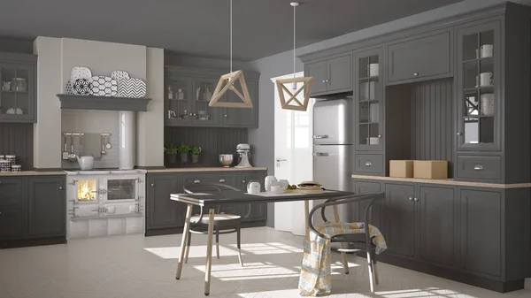 Cozinha cinza clássico escandinavo com detalhes de madeira, minimalis — Fotografia de Stock
