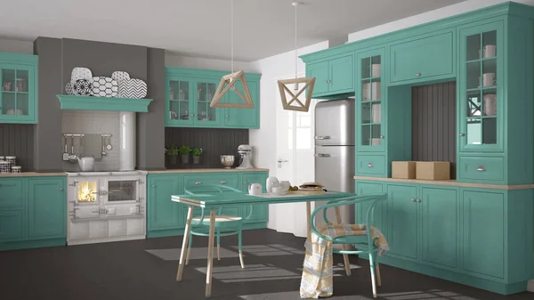 Cuisine classique scandinave avec détails en bois et turquoise, — Photo