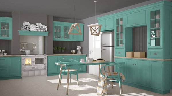 Скандинавская классическая кухня с деревянными и бирюзовыми деталями, 