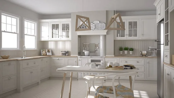 Cocina blanca clásica escandinava con detalles de madera, minimali —  Fotos de Stock