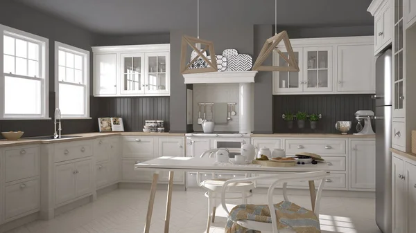 Cozinha branca clássica escandinava com detalhes de madeira, minimali — Fotografia de Stock