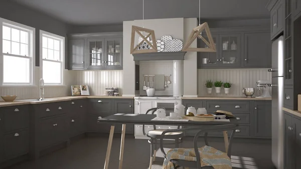 斯堪的纳维亚经典灰色厨房用木制的详细信息，minimalis — 图库照片
