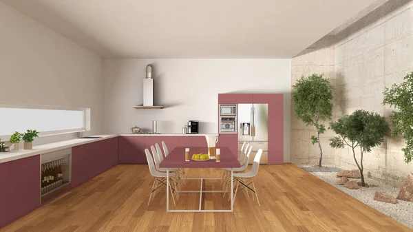 Cozinha branca e vermelha com jardim interno, design de interiores mínimo — Fotografia de Stock