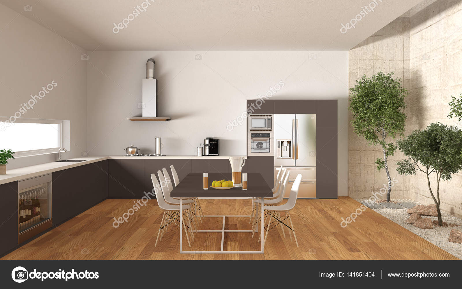 Cucina bianca e marrone con giardino interno, desi interni minimal ... Cucina bianca e marrone con giardino interno, desi interni minimal ...