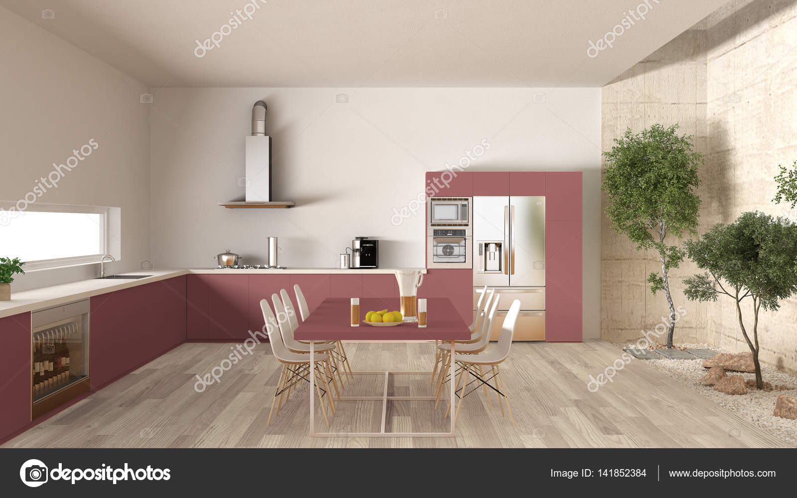 Cucina bianca e rossa con giardino interno, interno minimal design ... Cucina bianca e rossa con giardino interno, interno minimal design ...