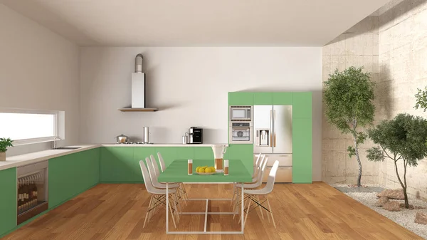 インナー ガーデンのある白と緑のキッチン インテリア最小限のデジ — ストック写真