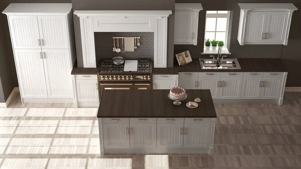Cozinha clássica, elegante design de interiores com detalhes de madeira — Fotografia de Stock
