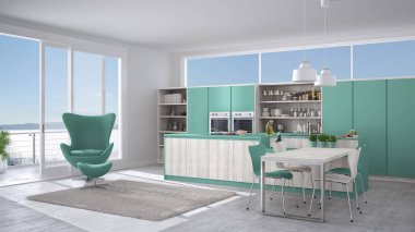 Modern beyaz ve turkuaz mutfak ahşap detayları, büyük rüzgar ile