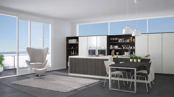 Cucina moderna bianca e grigia con dettagli in legno, grande finestra wi — Foto Stock